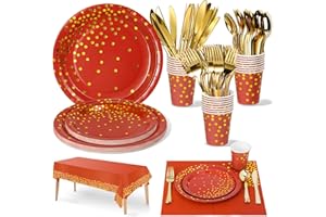 Nkaiso 141pcs Bourgogne Or Party Vaisselle,Kit Vaisselles Anniversaire Assiette Dîner Papier Tasse Serviette Réutilisable couverts, Enfants Party Fête Mariages Noël, 20 invités