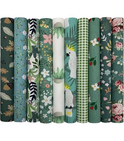7 Quadrati Di Tessuto In Cotone Per Patchwork 25x25 Cm - Serie Verde, Floreale