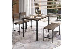 TANGZON Dining Table and 2 Chairs with Bench, 4 Piece Metal Frame Kitchen Table and Chairs Set with Storage Rack, Wooden Dining Room Sets Furniture for Home Living Room Restaurant (Grey)