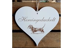 DEKOLANDO Cartel de corazón «HEREINGEDACKELT» de aprox. 13 x 12 cm – con diseño de perro – Cartel decorativo para puerta regalo – Dackel Jäger perros Bienvenido