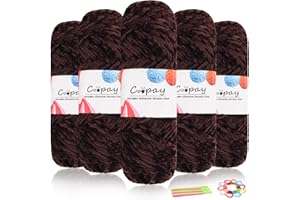 Coopay Lana di ciniglia in velluto per uncinetto, 500 g (5 x 100 g) di velluto di ciniglia, spessa per lavorare a maglia, morbida e vellutata, con accessori all'uncinetto, per sciarpe, coperte, caffè