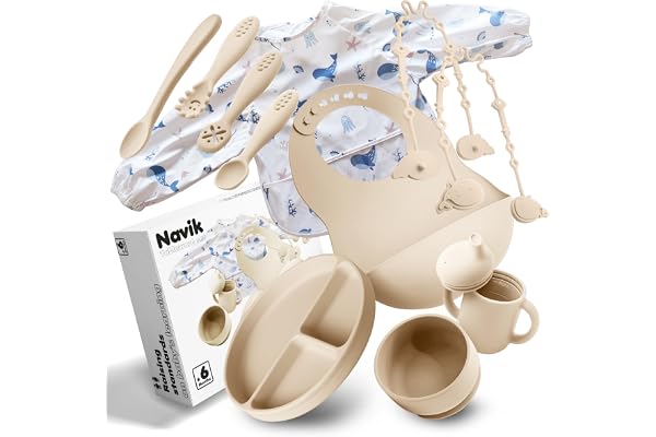 Navik | coffret repas bebe 12 pièces | assiette ventouse pour bébé | tasse apprentissage | bol et cuillere en silicone | Bavoir à manches longues | beige