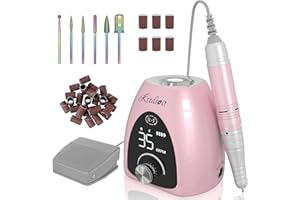 KREDIOO Torno para Uñas Profesional 35000 RPM, Inalámbrico＆Recargable, Lima Electrica, Set Manicura y Pedicura, Pulidor, Taladro, 6 Brocas, Fresa Portátil, LED Tátil, Quitar Acrílico Gel/ Esmalte/ Callos