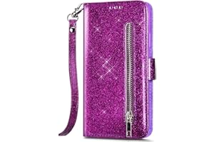 ISAKEN Cover Brillantini Compatibile con Xiaomi Redmi 8/8A, Custodia Glitter Bling Libro in Pelle PU Cuoio Portafoglio Flip Caso con Funzione Supporto Chiusura Magnetica Porta Carte Antiurto Cover,Viola