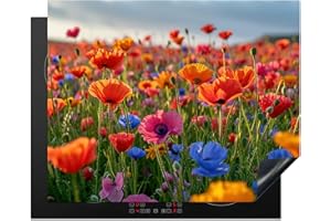 KitchenYeah© Protection Plaque Induction 65x52 cm Protege Deco Cuisine Cache Protège De Cuisson Accessoire Fleurs - Colorées - Champ de fleurs - Plantes - Orange - 65x52 cm