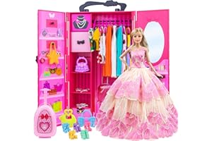 ZITA ELEMENT 101PCS Doll Dream Closet Wardrobe Set for 11.5 Inch Doll including Closet Wardrobe Suitcase Casual Clothes Gowns Swimsuits Mini Dresses Necklaces Shoes Bags Hangers