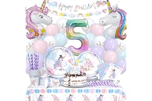 DUGEHO 119 Stück Einhorn 5 Jahre Alt Geschirr Ballon Set, Kindergeburtstag Einhorn Dekoration, Pappteller Set für Party, Geburtstag Dekoration