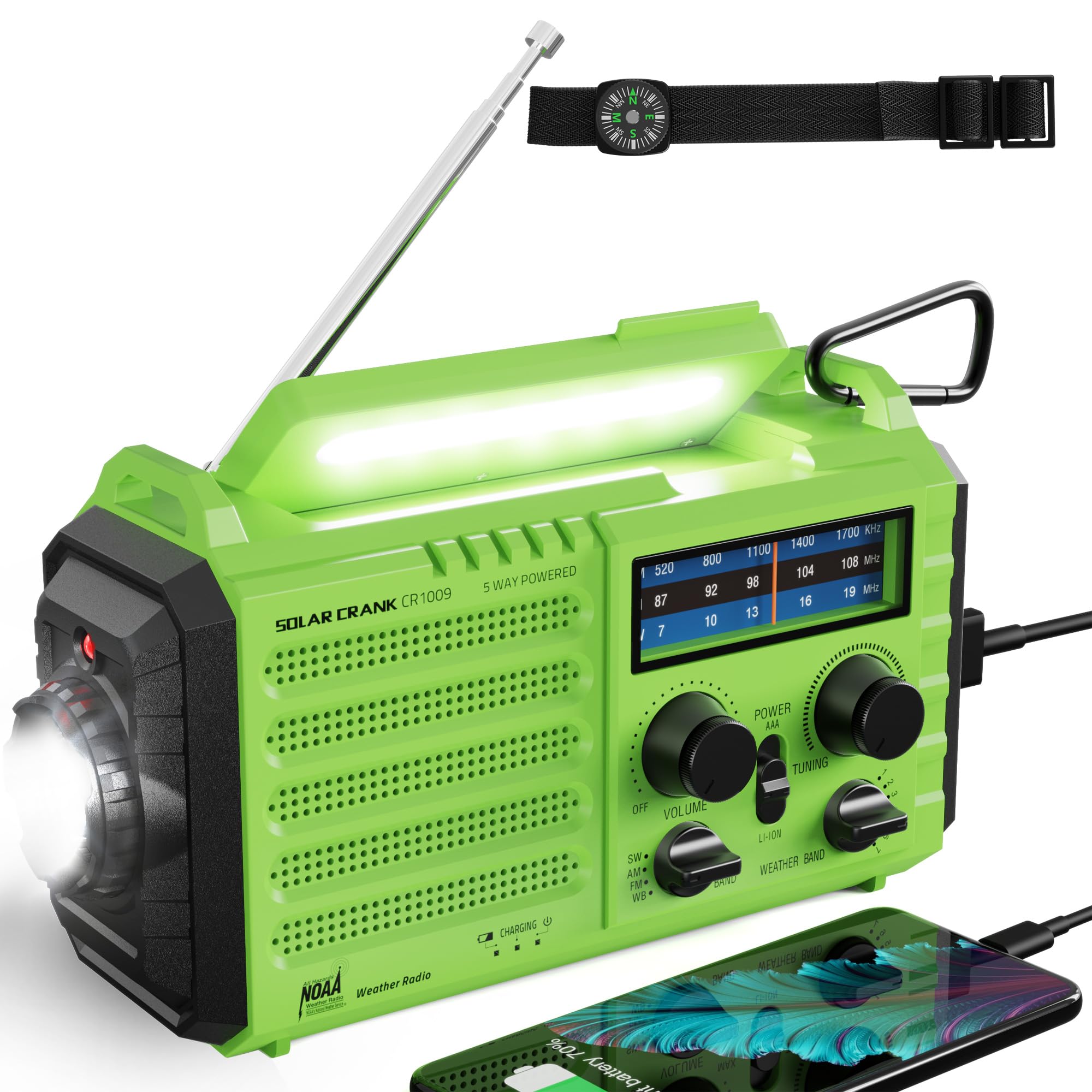 Rocam Emergency Hand Crank Portable Radio Solar Power AM/FM/SW/NOAA Weather Radio with 2000mAh Power Bank Phone Charger, 3W LED Flashlight, Reading Lamp, 7 Weather Band, SOS Alarm and Compass (Green)