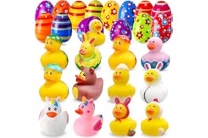 Chennyfun 12 Stück gefüllte Ostereier mit Gummiente,Bunt Gummi Badeenten,Quietschen Bade Enten, 12 Stück Ostern Eier für Ostern Partyzubehör,Osterkorb Füllstoffe
