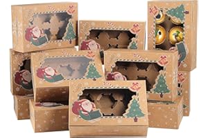 Coolty 20pcs Cajas para Tartas, Cupcakes y Galletas - Embalaje de Cartón para Panadería, Pastelería, Magdalenas, Postres (Tipo Navidad Marrón)