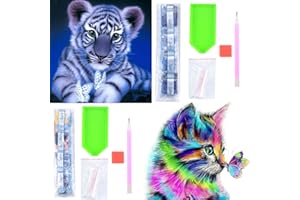 Xiaomoyu 2 Pcs 5D Diamond Art Painting Kits Full Drill, Cat Butterfly and Tiger Crystal Rhinestone Embroidery Pictures DIY Craft Paintings Kits Gifts for Kids, Adults, Home Wall Decor
