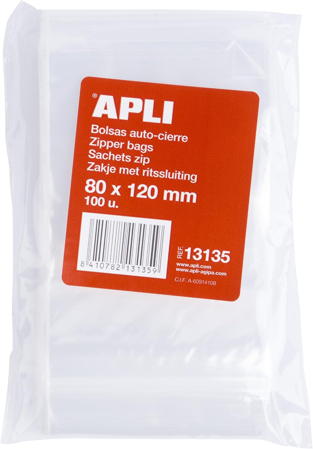 APLI 13135, Pack de 100 Bolsas de Plástico con Autocierre, 80 x 120 mm, Multicolor