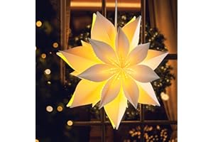 EANLOLY Weihnachtsstern Beleuchtet, Papiersterne Weihnachten, 3D Stern Fenster, Weihnachtsdeko Innen Zum Aufhängen mit Beleuchtung, Leuchtstern Lichterkette,Weiß Ø 45 cm