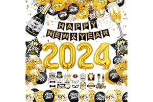 LAISLLA Décoration Nouvel An 2024 XXL Set de Décoration, Guirlande Happy New Year, Décoration Fête du Nouvel An 2024 avec Ballons Party Deko Silvester pour la Fête du Nouvel An