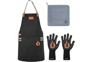 onlyfire Juego de Utensilios para Barbacoa de 3 Piezas, Contiene Delantal de Barbacoa Ajustable Con 2 Bolsillos, Guantes Barbacoa Resistentes y Paño de Microfibra, Kit de Accesorios para Cocinar