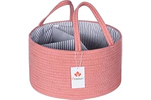 AUNHUIT Baby Nappy Caddy Organiser, Pink Large Diaper Nursery Portable Storage Bin, Woven Cotton Rope Storage Basket with Removable Inserts Newborn Registry Essentials Boy Girl Shower Gift Basket