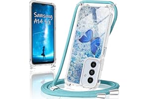 XCYYOO Handykette für Samsung Galaxy A14 5G Hülle mit Band,Handyhülle Samsung Galaxy A14 5G Glitzer Schmetterling mit kette TPU Slim Bumper Kratzfest Transparent Stoßfest Schmetterling Schutzhülle mit Kordel
