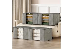 IZSUZEE Lot de 4 Grand Boite Rangement Vetement 90L Housse Rangement： Caisse Rangement Cartons Déménagement Pliable, Sac de Rangement Couette pour Vêtements, Couvertures, Pliable avec Poignée Renforcée, Gris