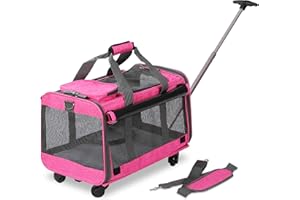KOPEKS Sac de Transport pour Chien/Chat à Roulettes pour Animaux de Compagnie Chiens, Chats, Lapins Modèle Trolley et Chariot de Voyage avec Poignée au Manche Télescopique et Poches Rangement - Rose