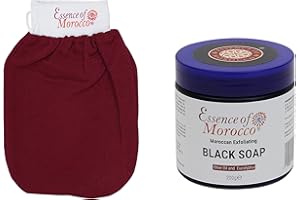 ESSENCE OF MOROCCO Moroccan Exfoliating Kessa Glove Scrubbing Mitt with Natural Eucalyptus and Olive Oil Black Soap Scrub Savon Noir 200g / 7 OZ Helps Cleanse Skin Remove Fake Tan and Ingrown Hair Hammam Spa Pack