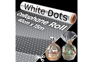 VOLILA 15m Christmas Cellophane Wrap, Clear Cellophane Wrap with Polkadot Design for Hampers, Cellophane Roll for Gift Baskets and Christmas Gifts, Cellophane Roll (40cm Wide)