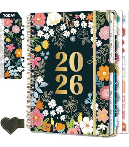 Agenda 2026 1 Jour Par Page A5 - 320 Pages, Weekends Sur Même Page, Spirales, Couverture Plastique, Design Floral