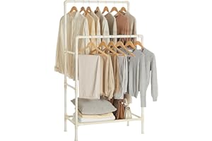 SONGMICS RDR01WT regał na ubrania, metalowy stojak z 2 drążkami do zawieszania i półkami do przechowywania, maksymalne obciążenie 55 kg, łatwy montaż, biały