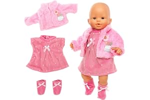 Festfun 3 Pièces Vêtement de Poupée 36cm Robe Rose avec Un Manteau Chaussettes de Poupée Habit Tenue Poupée Poupon 36-43cm(Poupée Non Incluse)