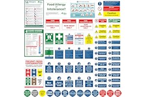 DETAILING GARAGE Complete Kitchen Safety Signs Set - 68 Pcs - Matte Self-Adhesive Vinyl, Waterproof and Oil-Proof - Food Hygiene Stickers, Ensure Safety and Compliance in Commercial Kitchens