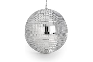 Mirror Disco Ball 30 cm (12") | Silver Glitter Mirror Ball with Hanging Hook | Party Wedding DJ Stage Lighting | Lightweight Glass Facets | Pukkr