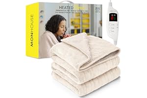 MONHOUSE Heated Throw - Electric Blanket - Digital Controller - Timer up to 9 hours, 9 Heat Settings, Auto Shutoff - Machine Washable - Single 130X160cm - BEIGE SHEARLING