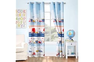 Better Home Style White Blue Red Construction Site Tractors Trucks Cement Mixers Kids/Boys/Toddler Room 2 Piece Window Curtain Treatment Drapes Set with Grommets 2018291 (Matching Curtain)