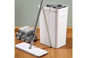 JOYMOOP – Serpillère plate et seau avec essoreur, avec 5 lingettes en microfibre, utilisation humide et sèche, pour parquet, stratifié, carrelage