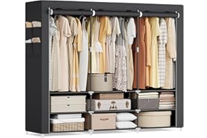 SONGMICS Armoire Chambre en Tissu, Porte-vêtements, Penderie, 45 x 188 x 176 cm cm, 3 Compartiments de Suspension, abvec Étagères, 4 Pochettes, Grande Capacité, Chambre, Salon, Noir RYG009B01