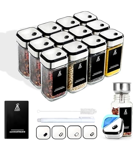 AOZITA 24 stuks glazen kruidenpotten met witte bedrukte kruidenetiketten - 4 oz lege vierkante kruidenflessen - shakerdeksels en luchtdichte metalen doppen - siliconen opvouwbare trechter (BBSJ24-UK