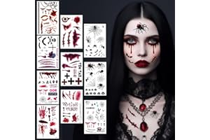 BOYATONG Tatuaje de Halloween, 10 hojas, disfraz de Halloween, accesorios para hombre y mujer, diablo, zombi, vampiro, bruja, tatuaje facial espeluznante, disfraz de terror, adultos, niños, heridas, cicatrices