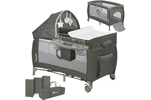 LIONELO Lettino da Viaggio SVEN con Materasso, Dalla nascita fino a 36 mesi, Lettino pieghevole con Fasciatoio, Baldacchino, Giocattoli Pendenti Ingresso laterale aggiuntivo LockGuard, Route con frene