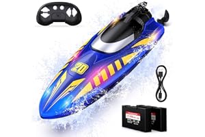 Snorthy Remote Control Boat, 2.4Ghz Full Proportional Remote Control Boat with LED Light, Waterproof Electric High Speed Ship with 2 Rechargeable Batteries, 2 Speed Boats for Pools and Lakes