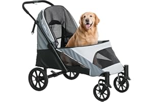 PawHut Carrito para Perros Plegable Cochecito para Perros Grandes hasta 30 kg con Ruedas Grandes Correas de Seguridad Marco Amortiguador Cojín Lavable 124x67x100 cm Gris