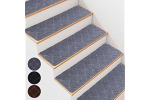 BREENHILL 15 PCS Non Slip Stair Treads for Wooden Steps – 20 x 76cm Indoor Non Slip Stair Treads, Carpet Stair Mats with Self-Adhesive Backing, Removable & Machine Washable – Light Grey Pattern