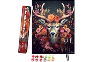Bougimal Malen Nach Zahlen Erwachsene Tiere Ohen Rahmen inklusive Pinsel und Acrylfarben - 40 x 50 cm, Blume und Hirsch 1