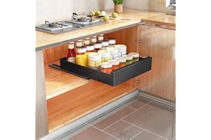 SAYZH Cajón Telescópico, Cajón Deslizante Para Alacena, Cajón de Cocina Extensible Desplegable, (35 cm de Ancho x 43 cm de Profundidad x 9 cm de Alto), Sin Necesidad de Taladrar Ni Clavar (Negro)