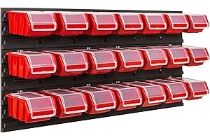 ‎SIMPLETHING Lagersystem Werkstattregal | 78 x 39 cm | 21 stck. Box | Wandregal mit Stapelboxen - Wandplatten Extra Starke Schüttenregal Warkzeuglochwand Lagerregal Garage Regal (Red)