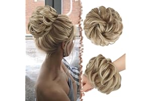 FESHFEN Messy Bun Hair Piece Hairs Scrunchies Thick Curly Wavy Pony Tail Synthetic Accessories Donut Updo Hairpieces for Women Girls 55g, Mixed Blonde and Ash Blonde Tips