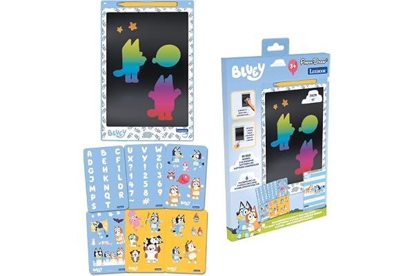 Lexibook, Tablette à Dessins e-Ink Multicolore 28cm avec pochoirs Bluey, Bleu, CRT10BY