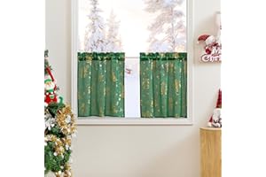 PONY DANCE Scheibengardinen Küche Transparente Gardinen Kurz Scheibengardine Weihnachten Vorhang mit Stangedurchzug Dunkelgrün Fenstergardinen 2er Set B 60 x H 60 cm