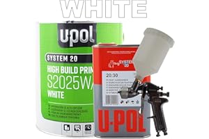 U-POL 5 Litre Kit + Gun. WHITE Primer 4L/Fast Hardener 1L/Duren 1.8mm Tip Continential Gravity Spraygun Cup Size 600ml Ideal for Spot Repairs & Panel Repair Primer