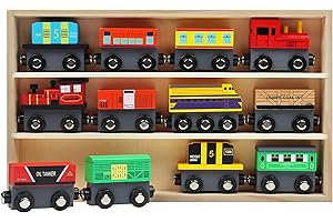 Kurtzy Confezione da 12 treni magnetici in legno con scatola portaoggetti, motori locomotivi educativi per ragazzi e ragazze dai 3 anni in su - Treni auto compatibili con la maggior parte