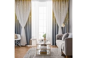 ‎TOSPASS Tospass Vorhang Kinderzimmer Blickdicht Gardinen Mädchen Verdunkelungsvorhang Glänzend Sterne Vorhänge mit Ösen Voile 2er Set Gardienen für Schlafzimmer Wohnzimmer Curtains 132x240 cm Gelb Grau