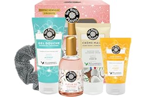 Les Petits Plaisirs - Coffret parfum Fleur de coton, Eau de toilette femme, Gel Douche, Crème Mains, Lait corps, Coffret cadeau femme, Made in France, 5 produits